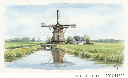 荷蘭世界遺產小孩堤防的風車水彩風景 131241221