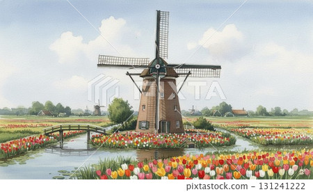 Watercolor landscape with windmills of Kinderdijk, a World Heritage Site in the Netherlands Watercolor landscape with windmills of Kinderdijk, a World Heritage Site in the Netherlands 131241222