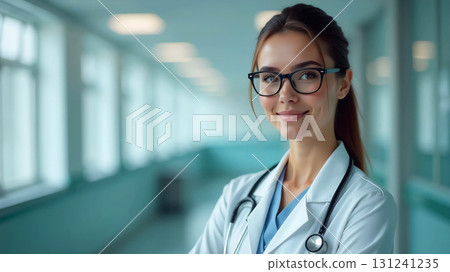 smiling female doctor wearing glasses stands in the hospital corridor 131241235