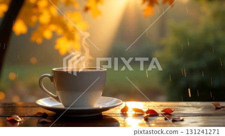 cup of coffee on a wooden table against the background of yellow autumn leaves and raindrops cup of coffee on a wooden table against the background of yellow autumn leaves and raindrops 131241271