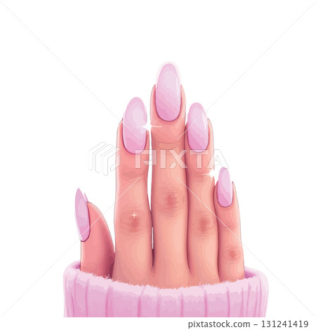 Vsai woman showing her freshly painted pink nails and cozy sweater 131241419