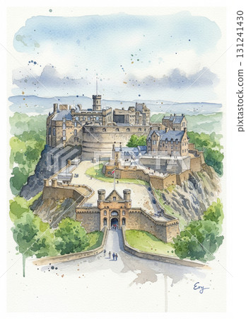 愛丁堡城堡水彩畫，矗立在山上，是蘇格蘭的象徵 131241430