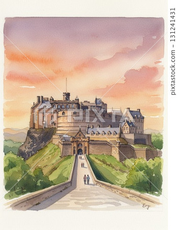 愛丁堡城堡，蘇格蘭的象徵，矗立在山上。水彩畫。夜景。 131241431
