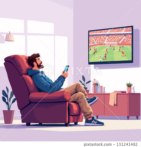 Vsai man relaxing on armchair using smartphone and watching football match on tv Vsai man relaxing on armchair using smartphone and watching football match on tv 131241482