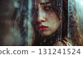 A beautiful woman stands by a rainy window, her face blurred and melancholic, reflecting themes of loneliness and sadness 131241524