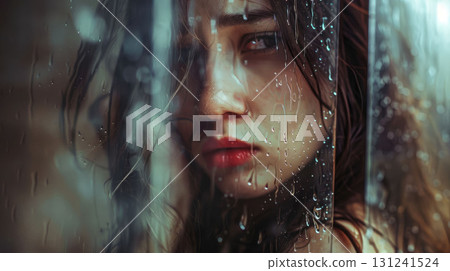 A beautiful woman stands by a rainy window, her face blurred and melancholic, reflecting themes of loneliness and sadness A beautiful woman stands by a rainy window, her face blurred and melancholic, reflecting themes of loneliness and sadness 131241524