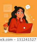 A sad woman with a worried expression on her face is having online therapy session on a laptop, a modern approach to mental health 131241527