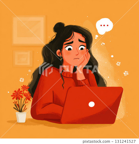 A sad woman with a worried expression on her face is having online therapy session on a laptop, a modern approach to mental health A sad woman with a worried expression on her face is having online therapy session on a laptop, a modern approach to mental health 131241527