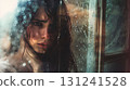 A beautiful woman stands by a rainy window, her face blurred and melancholic, reflecting themes of loneliness and sadness 131241528