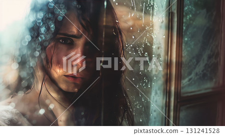 A beautiful woman stands by a rainy window, her face blurred and melancholic, reflecting themes of loneliness and sadness 131241528