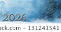 A winter-themed banner with the year 2026 in elegant silver text, set against a frosty, icy blue background  131241541