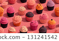 A playful and vibrant pattern of sweet, colorful cupcakes with different frostings and sprinkles on a bright pink background 131241542