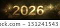 A stunning New Year banner with the year 2026 in brilliant golden glitter, surrounded by festive fireworks 131241543