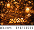 A festive arrangement with glowing 2026 numbers, candles, and pine branches on a dark wooden background. Perfect for New Year 131241544