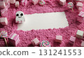A sweet Halloween-themed frame with a cute ghost and pink candies. The fluffy texture and pastel colors create a soft  131241553