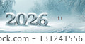 A majestic winter landscape with the year 2026 sculpted from snow. The serene and frosty scene  131241556