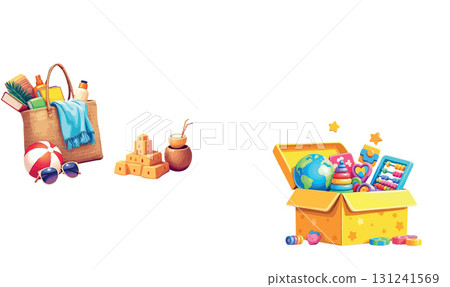 Vsai beach bag, sandcastle, coconut drink and educational toys depicting summer vacation fun 131241569