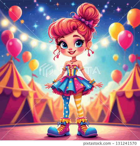 Vsai cute cartoon clown girl standing in circus tent with balloons Vsai cute cartoon clown girl standing in circus tent with balloons 131241570