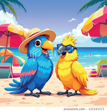 Vsai cartoon parrots enjoying summer vacation on a tropical beach Vsai cartoon parrots enjoying summer vacation on a tropical beach 131241571