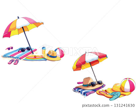 Vsai beach umbrella, towels, sunglasses, and beach ball creating perfect summer vacation spot Vsai beach umbrella, towels, sunglasses, and beach ball creating perfect summer vacation spot 131241630