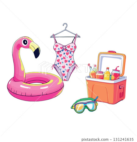 Vsai swimsuit, flamingo float, drinks, and diving mask preparing for summer vacation Vsai swimsuit, flamingo float, drinks, and diving mask preparing for summer vacation 131241635