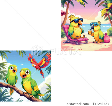 Vsai cartoon parrots enjoying tropical paradise and beach vacation Vsai cartoon parrots enjoying tropical paradise and beach vacation 131241637