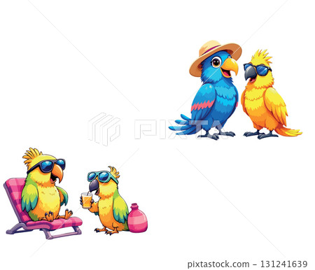 Vsai cartoon parrots enjoying summer vacation wearing sunglasses and hats Vsai cartoon parrots enjoying summer vacation wearing sunglasses and hats 131241639
