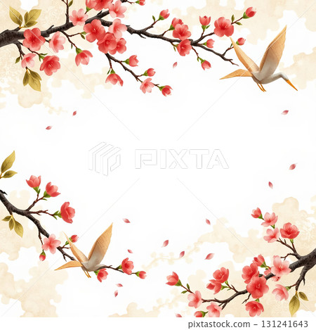 橫向背景：華麗的紅色和金色日式圖案，鳥兒和櫻花翩翩起舞 131241643