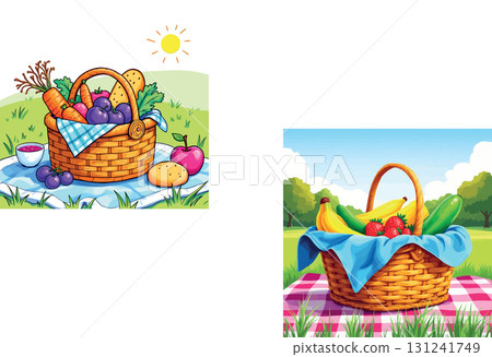 Vsai picnic baskets overflowing with fresh fruits, vegetables, and bread in sunny meadow 131241749