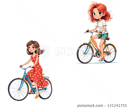 Vsai two happy girls riding their bicycles in the city 131241755