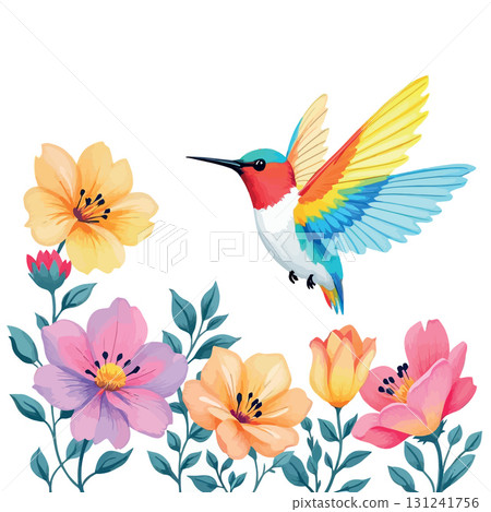 Vsai colorful hummingbird flying over blooming flowers 131241756