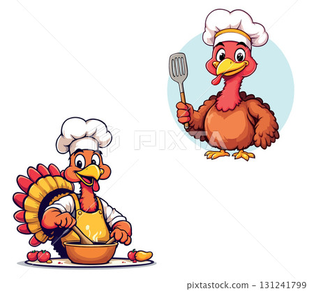 Vsai cartoon turkey chef holding spatula and cooking food 131241799