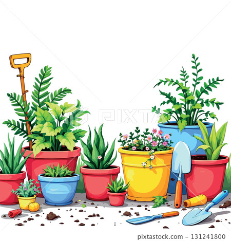 Vsai colorful gardening tools and plants forming a bottom border 131241800