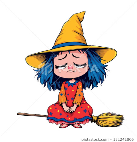 Vsai sad little witch sitting on broom wearing big hat 131241806