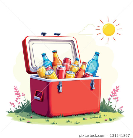 Vsai red cooler box full of drinks on grass under shining sun 131241867