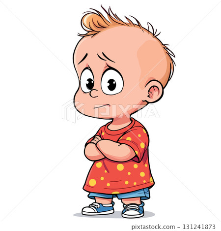 Vsai sad baby boy standing with arms crossed, cartoon illustration 131241873