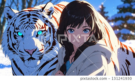 A fantastical winter scene in which a white tiger and a beautiful girl stand side by side on a snowy field, their blue eyes shining. 131241930