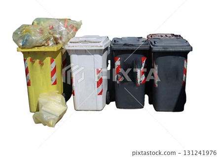 Overflowing wheelie bins representing waste management challenges 131241976