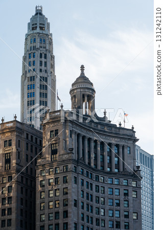 Architectural detail of historic buildings in downtown Chicago, Illinois. 131242110