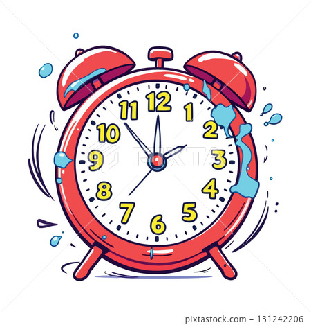 Vsai red alarm clock ringing showing time splashing with water 131242206
