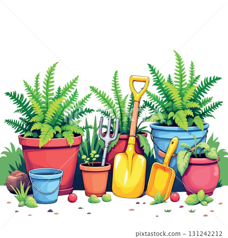Vsai gardening tools and potted plants creating vibrant garden scene 131242212