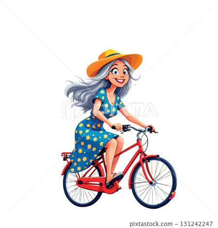 Vsai happy senior woman riding red bicycle wearing summer hat and dress Vsai happy senior woman riding red bicycle wearing summer hat and dress 131242247