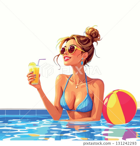 Vsai beautiful woman relaxing in swimming pool with beach ball and juice cocktail 131242293