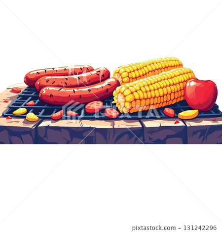 Vsai delicious grilled sausages and corn on the cob cooking on barbecue grill 131242296