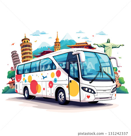 Vsai white tour bus traveling to world famous landmarks, travel and tourism concept Vsai white tour bus traveling to world famous landmarks, travel and tourism concept 131242337