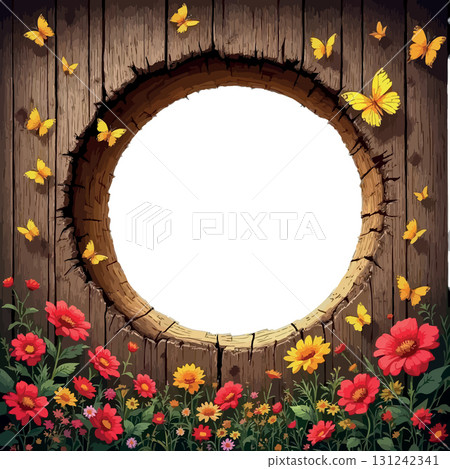 Vsai round frame with butterflies and flowers on wooden background Vsai round frame with butterflies and flowers on wooden background 131242341