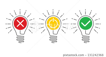 Set of light bulbs. On and off signs. Internet security. Private password. Vector illustration . 131242368