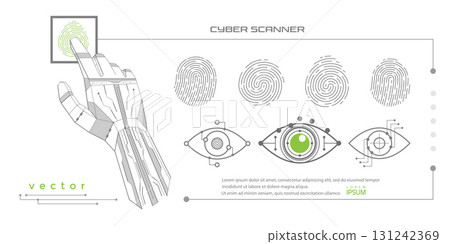 Security access sign.Touch ID icons. Eye scanner. A robot hand scans a fingerprint. Vector illustration . 131242369