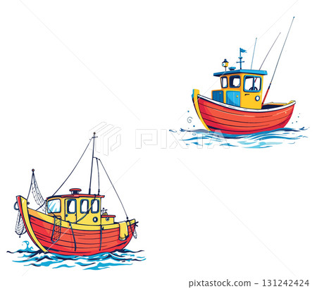 Vsai two colorful fishing boats sailing on calm water Vsai two colorful fishing boats sailing on calm water 131242424