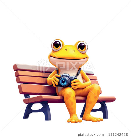 Vsai yellow frog photographer sitting on bench holding camera 131242428